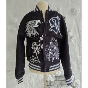NWT Reason Brand Men Black Varsity Bomber Jacket Tattoo Graphic Eagle Skull Sz M